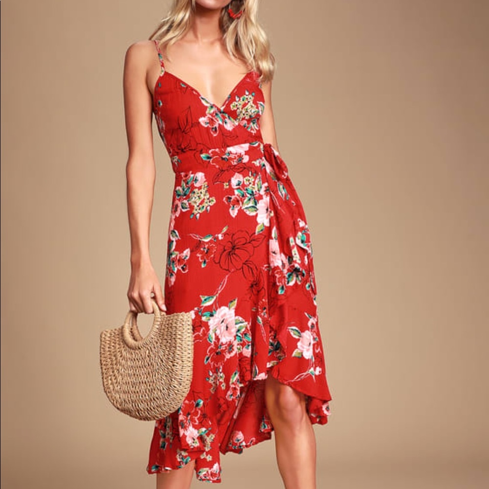 Lulus Red Floral Wrap Dress